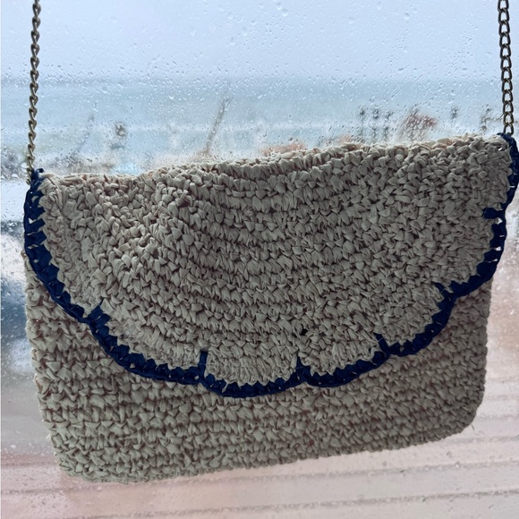 Vintage Raffia Straw Clutch Shoulder Bag Navy Scalloped Trim Coastal Beach - Picture 2 of 6
